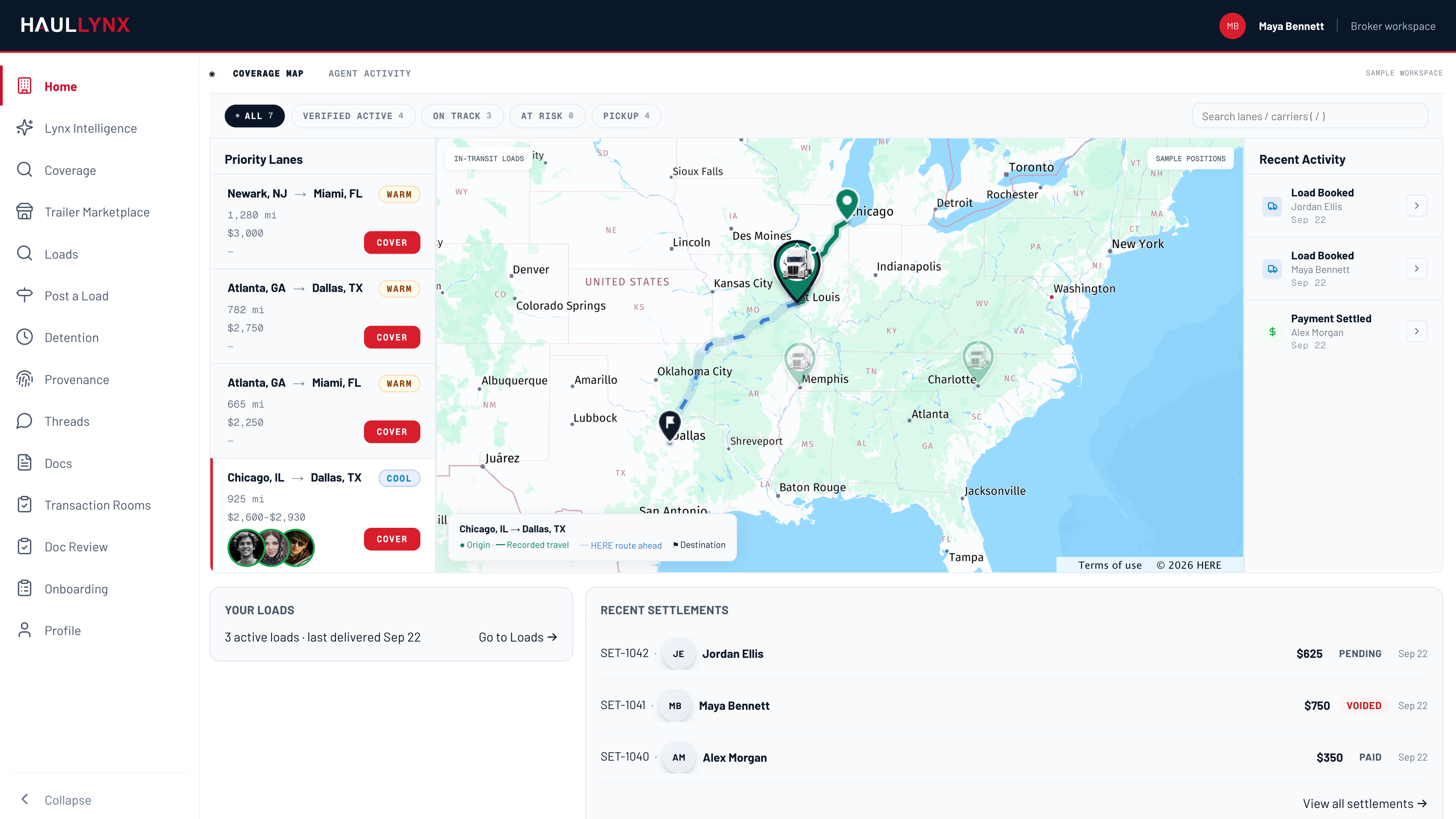 Broker workspace with priority lanes and Chicago-to-Dallas tracking map